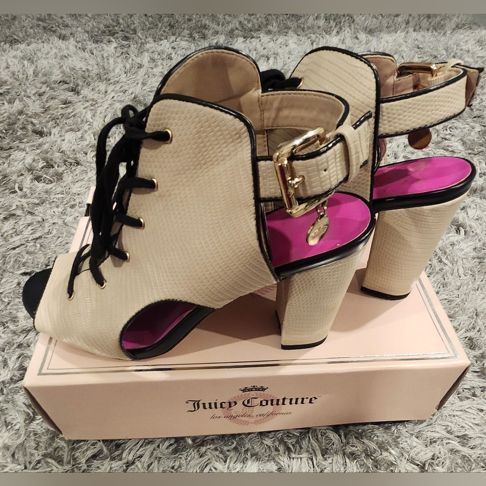 Juicy Couture Beige Lace-Up Heels with Gold Accents